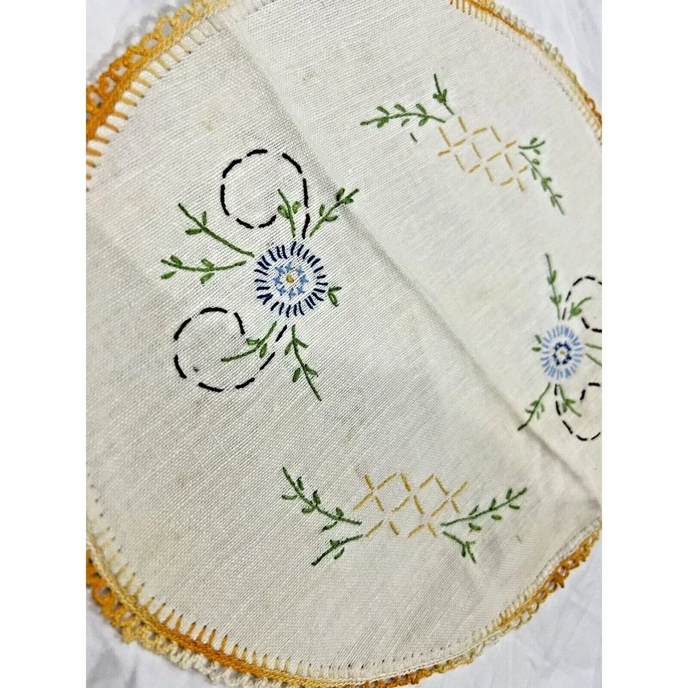 Vintage Embroidered Linen Cross Stitch Blue Flowers Laced Edge Cottagecore‎